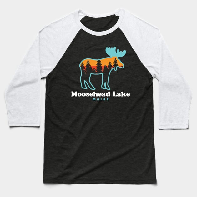 Moosehead Lake Maine Moose Retro Baseball T-Shirt by PodDesignShop